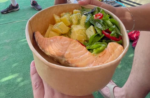 Sebze ve somonla hazırlanmış yemek kasesi